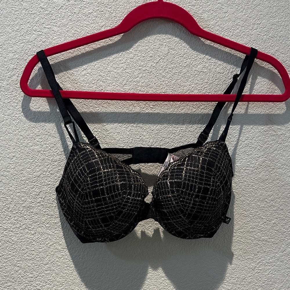 Victoria's Secret Black and Gold Lace-Overlay Bra Size 36C